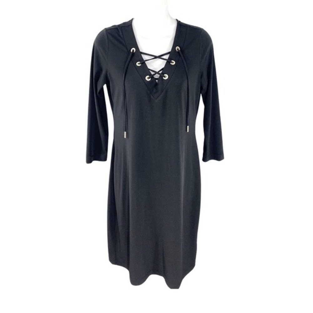 Calvin Klein black gold grommet lace up jersey stretch dress FF24